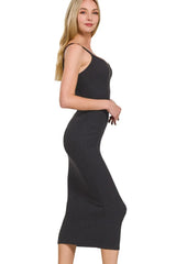 Side profile view of black ribbed bodycon midi dress with thin straps
