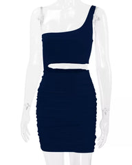 Navy one shoulder cutout ruched bodycon mini dress on a clear mannequin front view