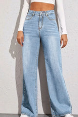 Women's high-waist jeans with a wide-leg silhouette in a cotton-polyester blend.