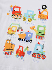 Detail view of colorful cartoon construction vehicles with playful words on a children's white t-shirt
