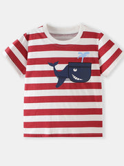 Flat lay front view of children's red and white striped t-shirt with navy whale graphic