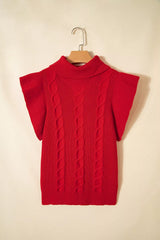 Hanging back view of a red cable knit turtleneck sweater with ruffled short sleeves