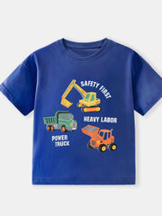 Flat front view of the navy children's tee with cartoon construction vehicles and white lettering