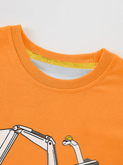 Close-up of the orange ribbed neckline and top of the excavator graphic on a children's T-shirt