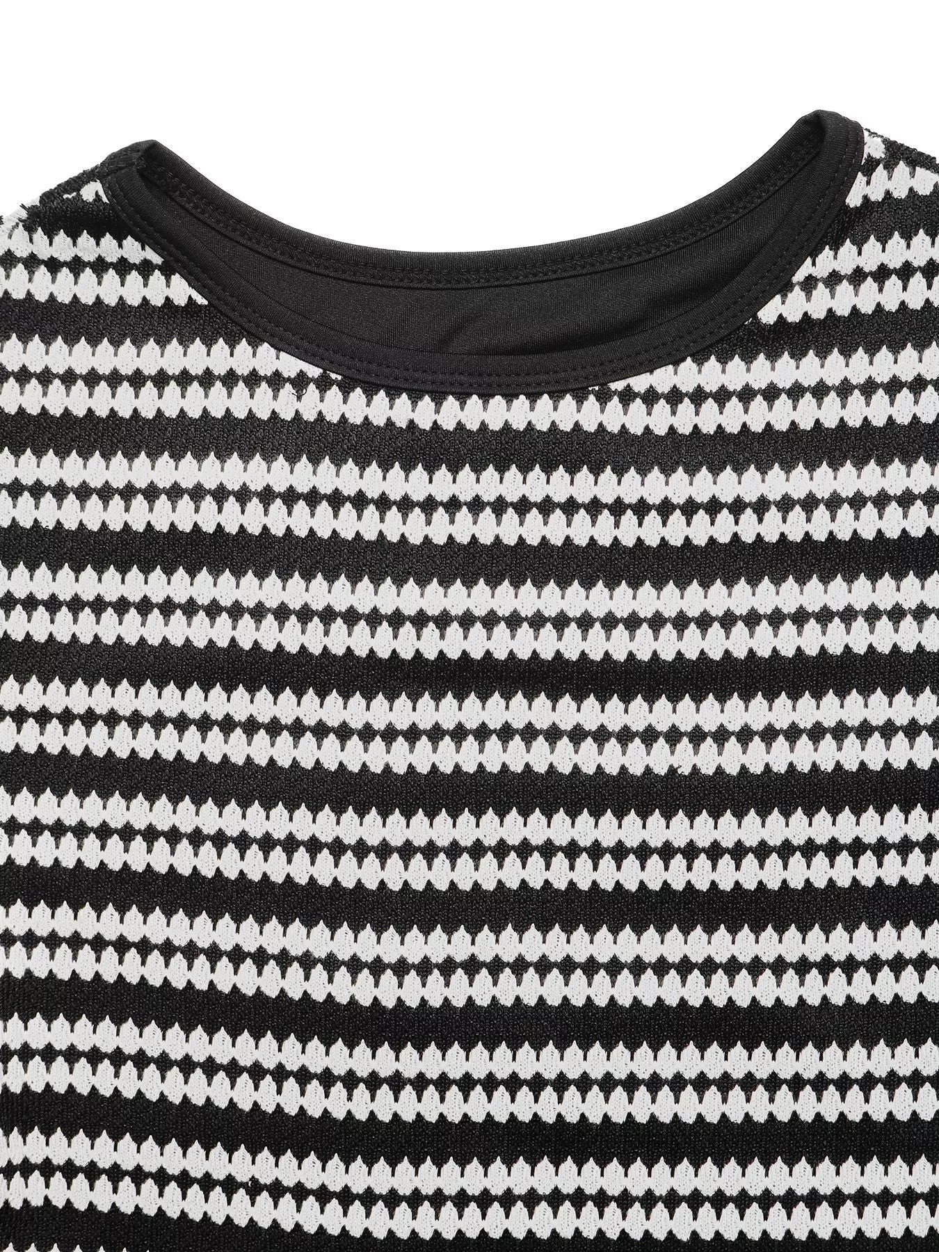 Close up flat detail of a black and white striped knit dress neckline