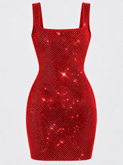 Red rhinestone mesh bodycon mini dress shown flat, front view unworn