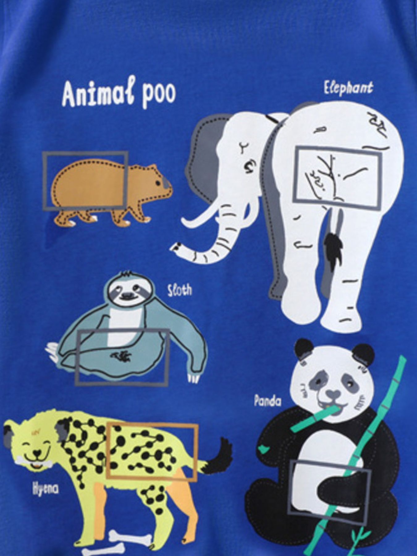 Detail view of elephant sloth panda and hyena graphics on a children's royal blue animal print t-shirt