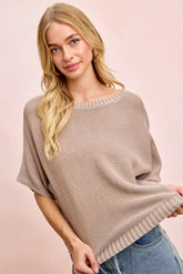Front view of washed mocha knit top with short dolman sleeves and ribbed hem.