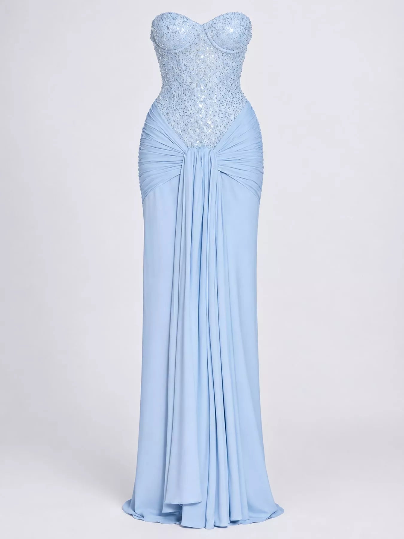 Blue strapless sequin corset maxi dress with draped waist, front view without model