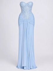 Blue strapless sequin corset maxi dress with draped waist, front view without model