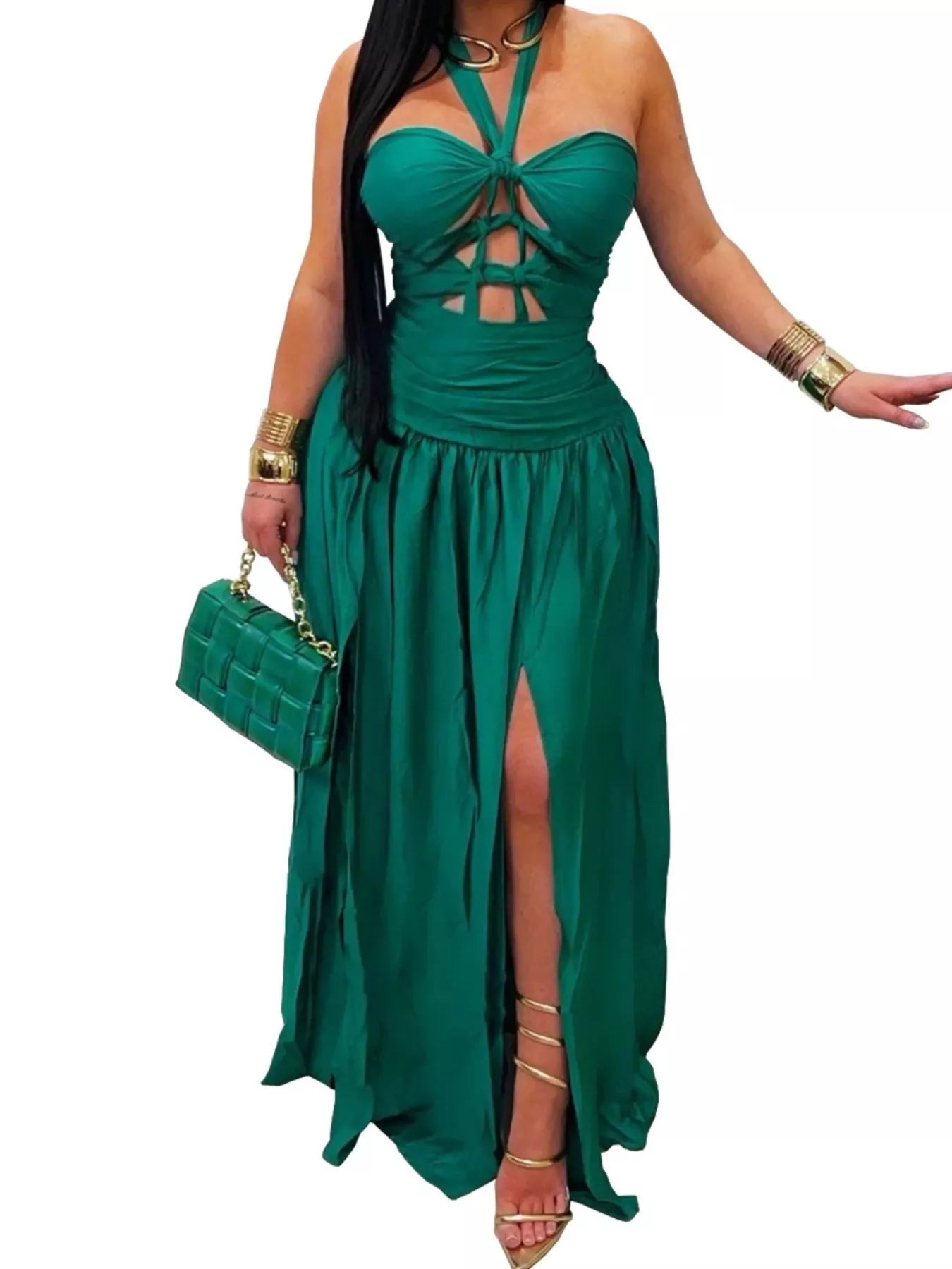Dark green halter neck maxi dress with cut out bodice and front slit against white background