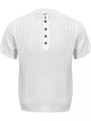 Men's ribbed short-sleeve knit top made from a slightly stretchy cotton-spandex blend.