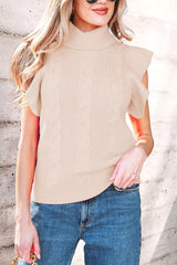 Front close view of a beige cable knit turtleneck sweater with ruffled short sleeves