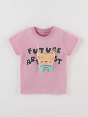 Pink children's short sleeve T-shirt laid flat with a cat face, mint bow and Future Artist lettering