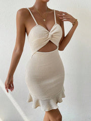 Beige twist front cutout ruffle hem bodycon mini dress on model, three quarter front view