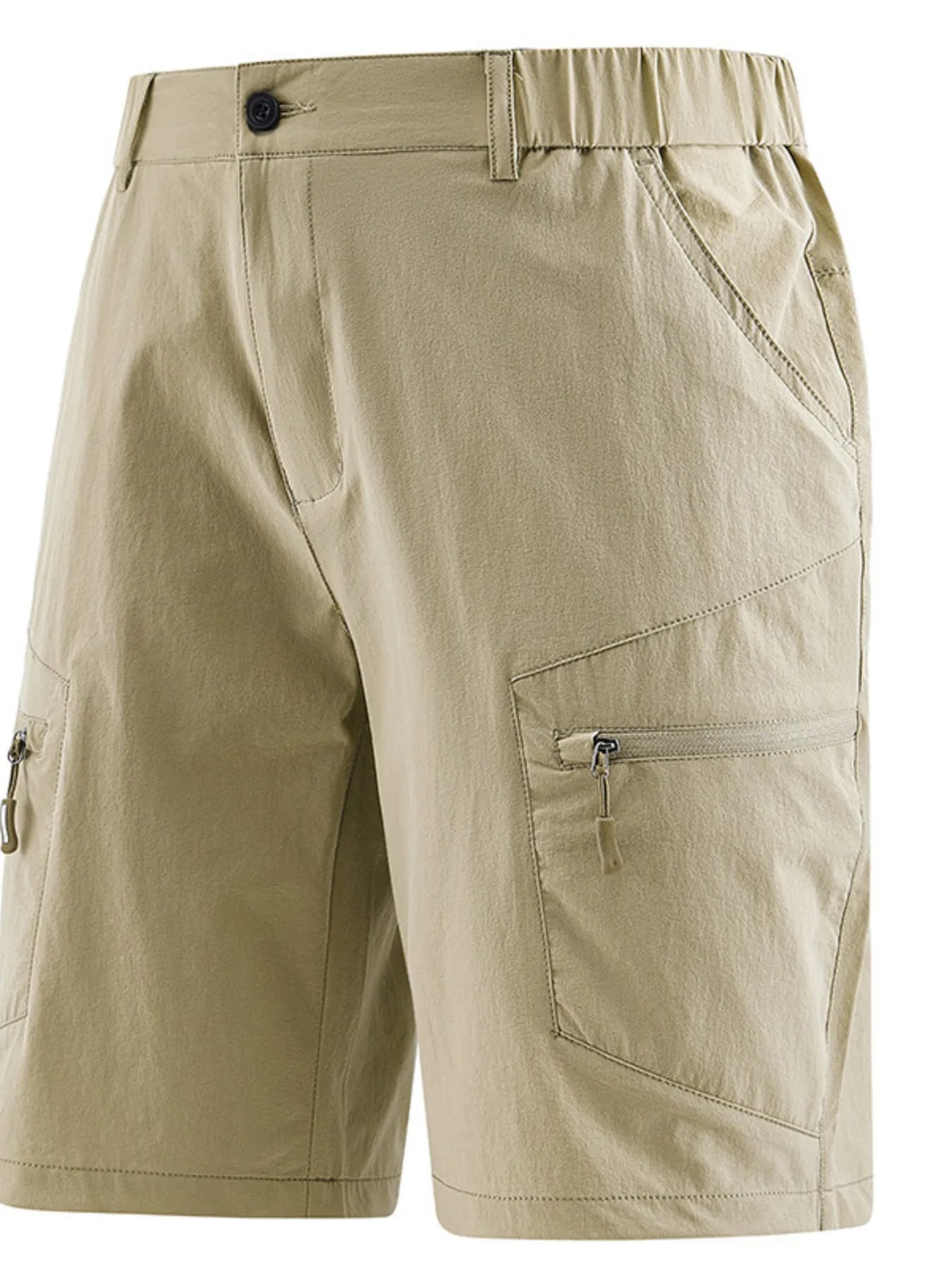 Men's khaki outdoor shorts with zipper pockets and a drawstring waist.