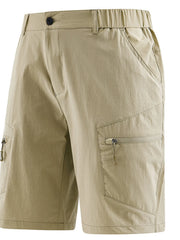 Men's khaki outdoor shorts with zipper pockets and a drawstring waist.