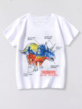 Flat lay front view of a children's white short sleeve tee with a colorful triceratops diagram graphic