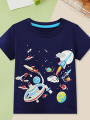Flat front view of a navy children's tee with rockets, planets, a space station and stars