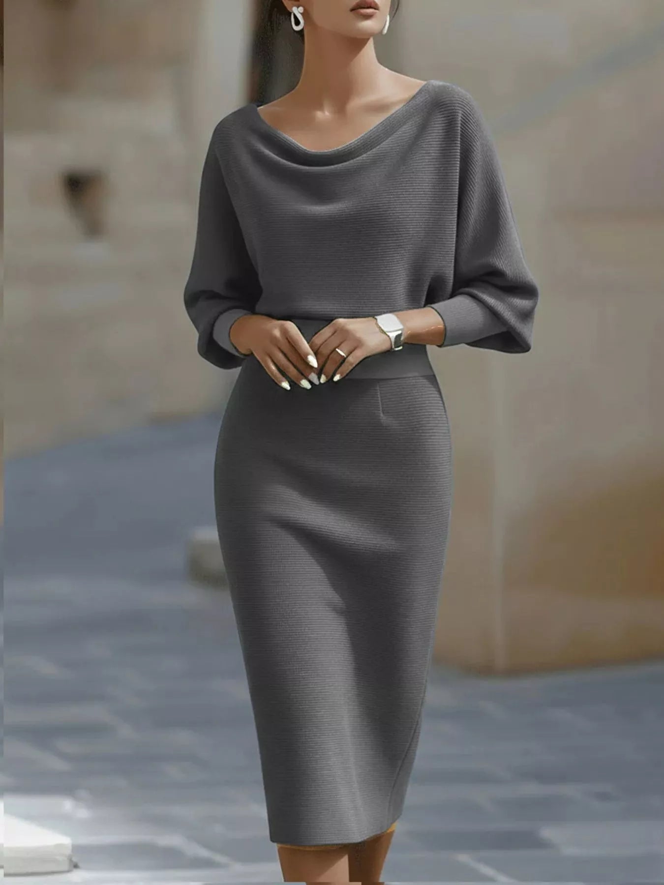 Front view of a gray cowl neck bodycon midi dress with three quarter sleeves outdoors