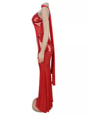 Side view of red sequin maxi dress on mannequin showing sequin panels and drape