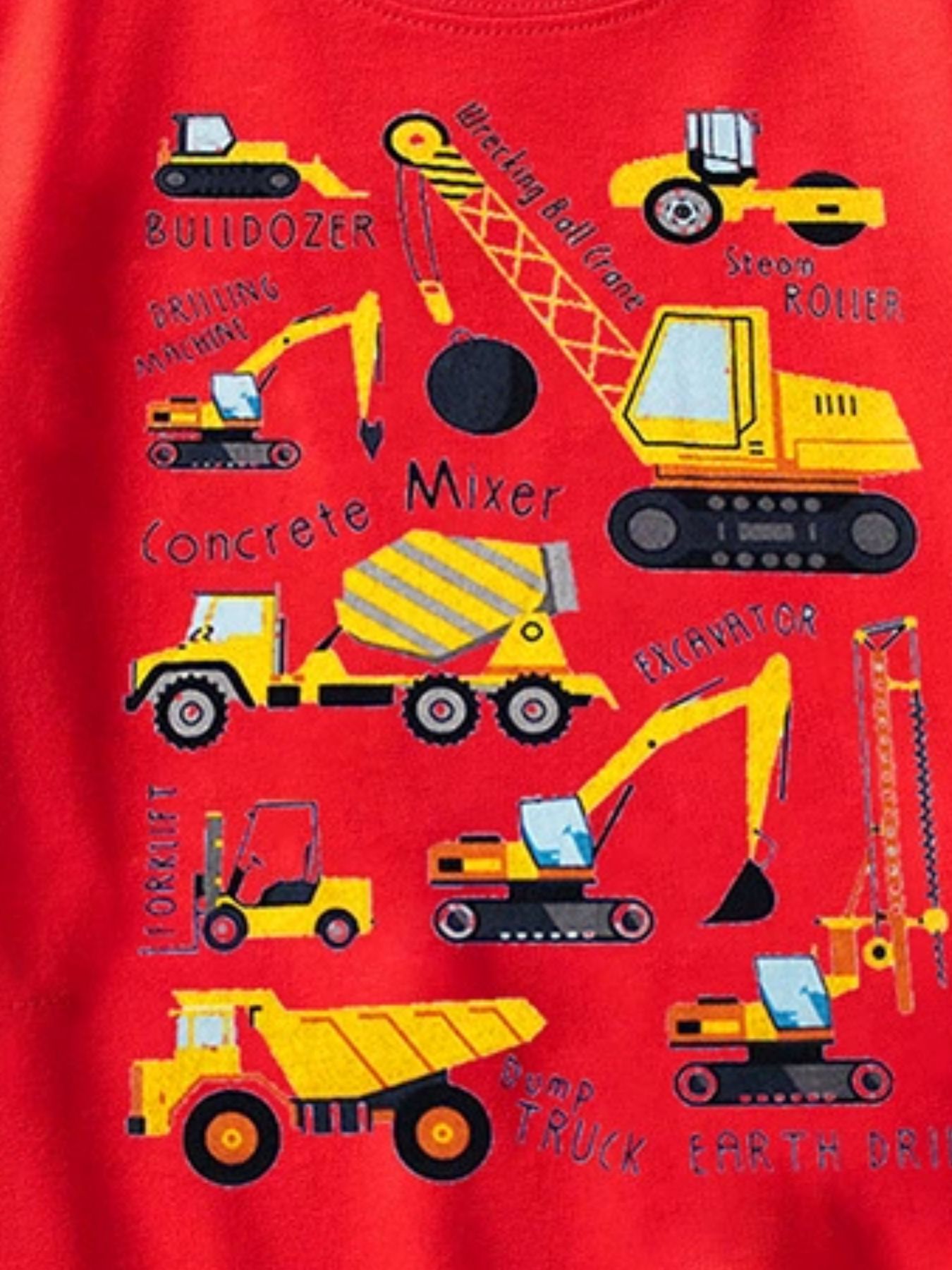 Close-up of the bulldozer, crane, mixer and excavator graphics on a red children's crew neck T-shirt