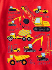 Close-up of the bulldozer, crane, mixer and excavator graphics on a red children's crew neck T-shirt