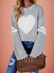 Front view of a gray dropped shoulder sweater with a large white heart