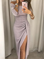 Pale pink shimmering off shoulder ruched midi dress with thigh slit in a mirror selfie
