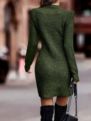 Back street view of dark green ribbed knit long sleeve bodycon sweater dress