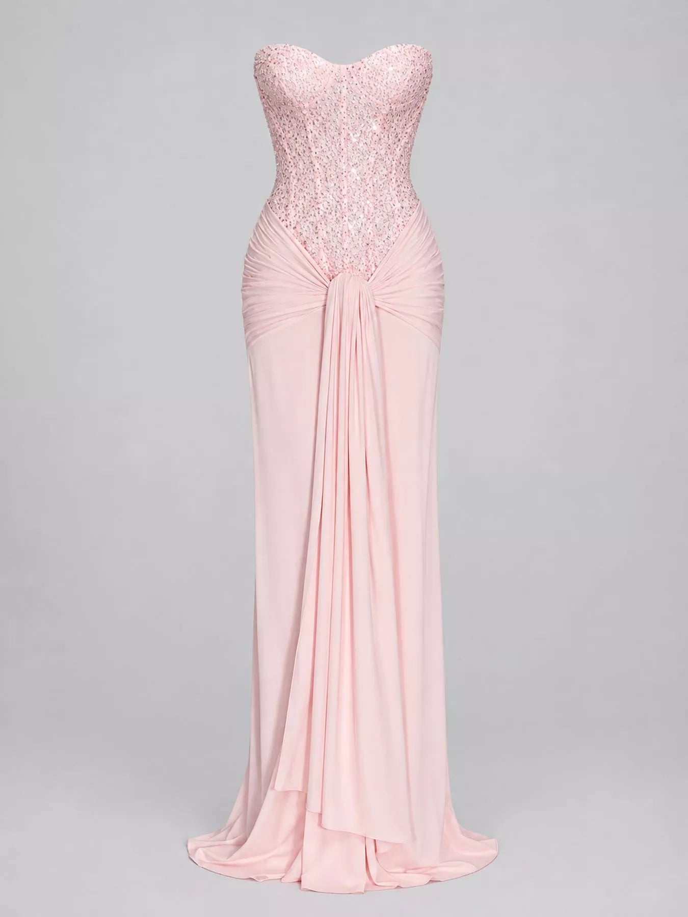 Pink strapless sequin corset maxi dress with draped waist, front view without model