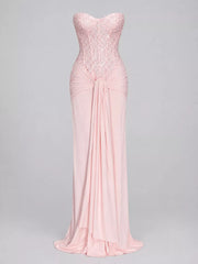 Pink strapless sequin corset maxi dress with draped waist, front view without model
