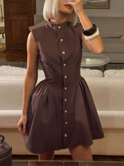 Brown sleeveless button down mini dress, mirror selfie front view showing gathered skirt