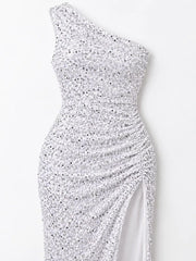 White sequin one shoulder evening dress close view showing the ruched waist and sequin texture