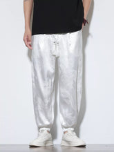 Men's white dragon-pattern joggers with a drawstring waist, available in plus sizes.