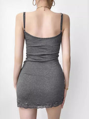 Grey lace trim bodycon mini dress, back view with thin straps