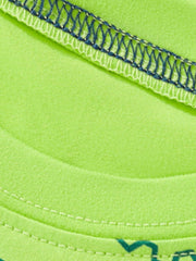 Close-up of the neckline seam and stitching on the children's neon green t-shirt