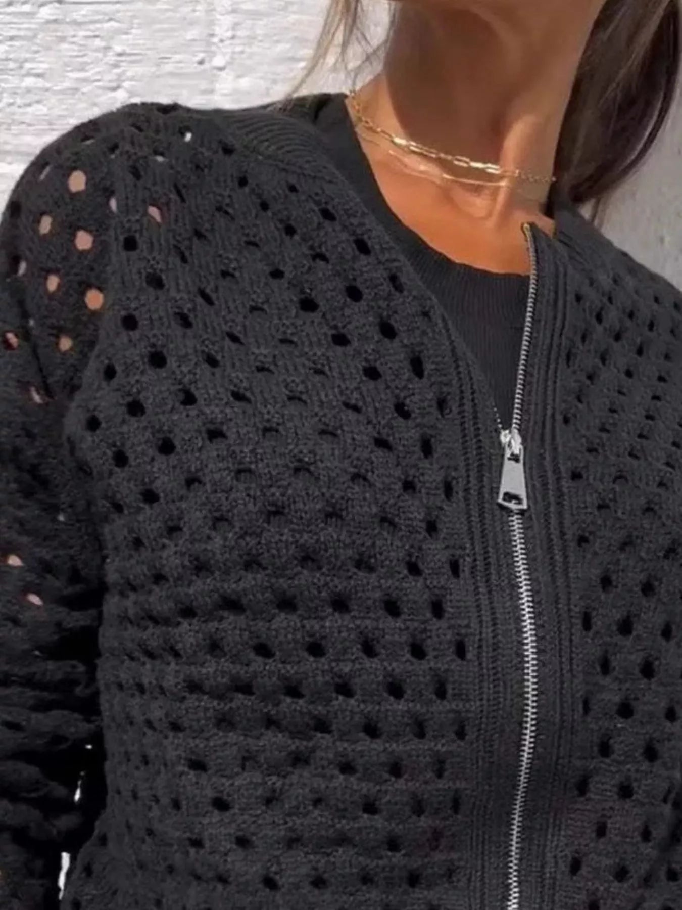 Close up of the black crochet cardigan upper zip and openwork pattern