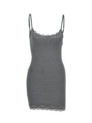 Grey lace trim bodycon mini dress shown flat, front view unworn