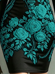 Close detail of teal rose print on black long sleeve bodycon dress skirt