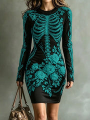 Black long sleeve bodycon dress with teal skeleton and rose print, front view