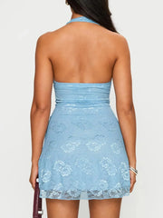 Back view of sky blue floral lace halter deep V neck bodycon dress