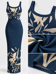 Navy blue leaf print sleeveless bodycon maxi dress with neckline fabric and hem close ups