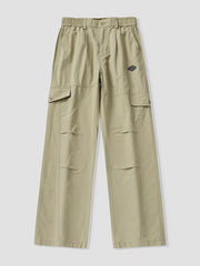 Men's khaki wide-leg cargo pants with a drawstring waist and pockets.