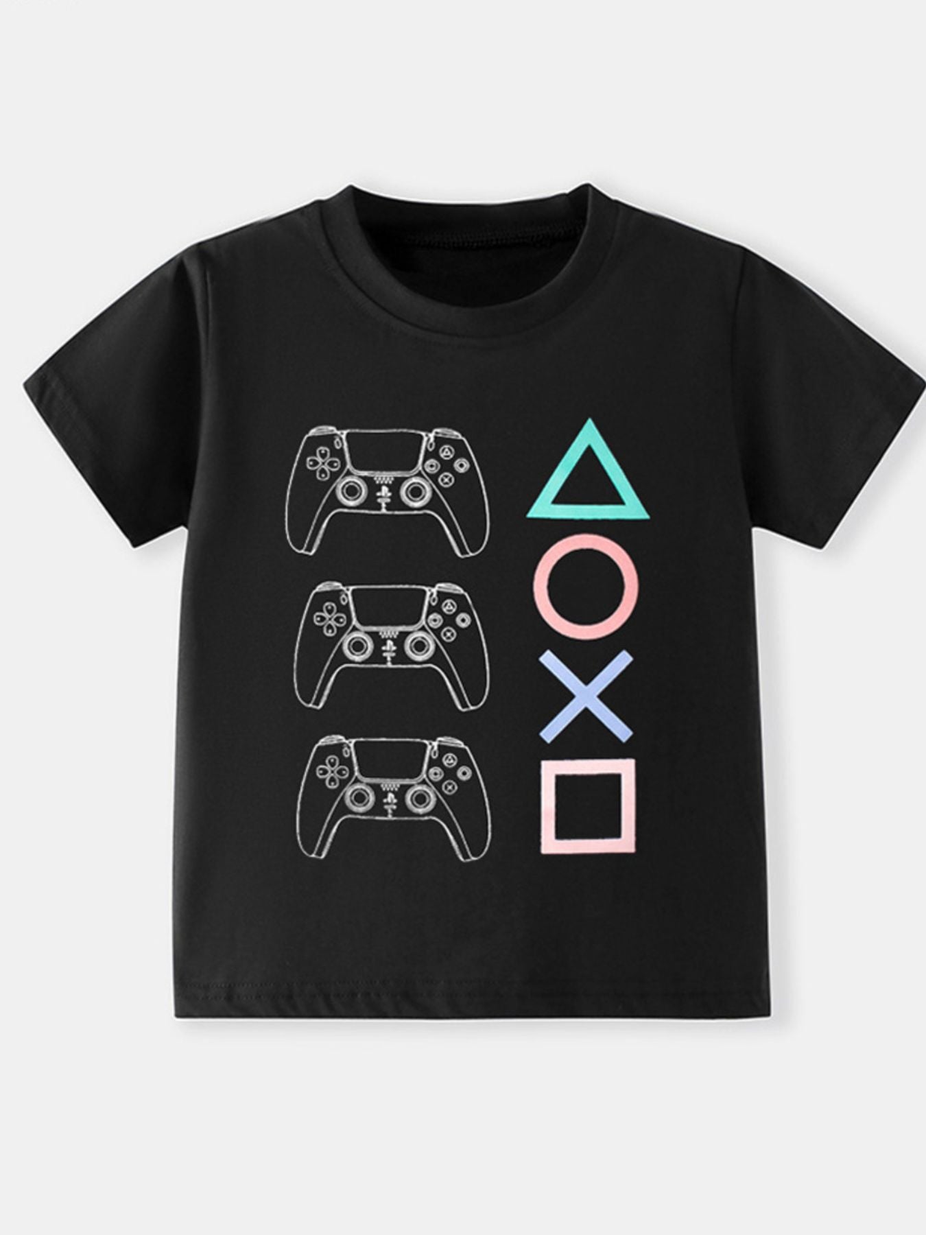Flat front view of the black children's T-shirt with game controller outlines and colorful geometric shapes