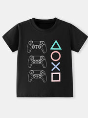 Flat front view of the black children's T-shirt with game controller outlines and colorful geometric shapes