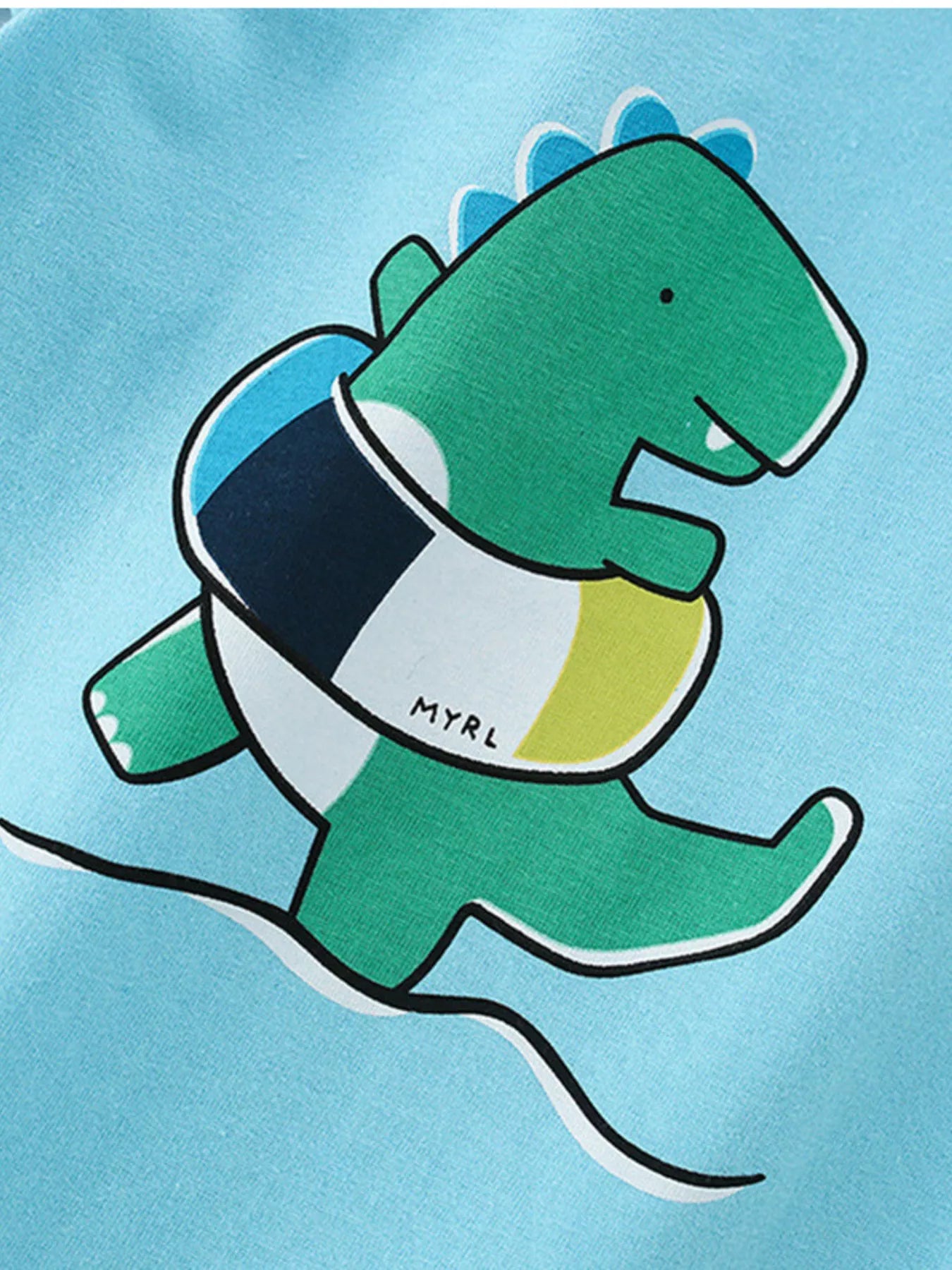 Angled close-up of green dinosaur with striped swim ring on sky blue children's tee