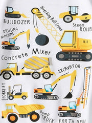 Close-up of the bulldozer, crane, mixer and excavator graphics on a white children's crew neck T-shirt