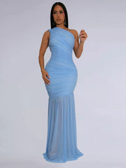Light blue one shoulder ruched bodycon maxi dress with flowing skirt, front view on model
