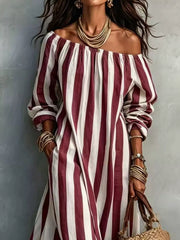 Close view of burgundy and white striped off shoulder dress bodice and sleeves